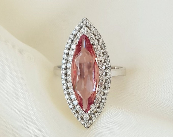 Pink Crystal Statement Ring Sterling Silver, Mothers Day Gift for Her, Elegant Marquise Crystal Engagement Ring
