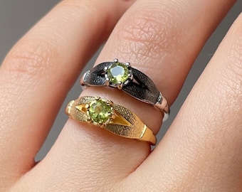 Green Peridot Minimalist Ring 22k Gold Vermeil Silver