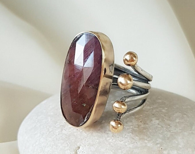 Brownish Red Sapphire Ring Sterling Silver, Raw Sapphire Ring, September Birthstone, Adjustable Ring, Statement Ring for Women, Gift for Her