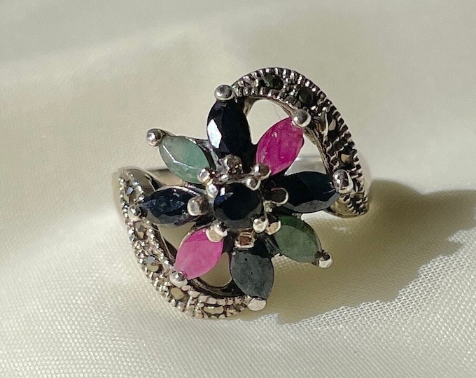 Vintage Ruby Emerald Sapphire Flower Ring 925 Sterling Silver
