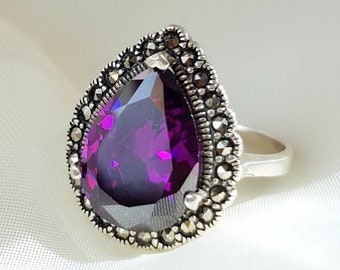 Dark Purple Crystal Ring 925 Sterling Silver
