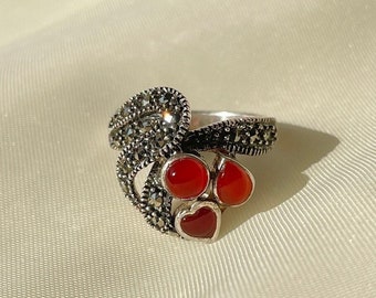 Carnelian Heart Ring Sterling Silver, Christmas Gift for Her, Dainty Carnelian Marcasite Ring