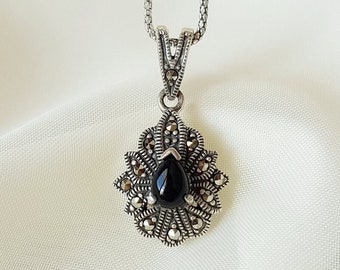 Drop Onyx Marcasite Pendant 925 Sterling Silver