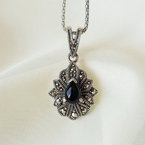 Drop Onyx Marcasite Pendant 925 Sterling Silver, Vintage Minimalist Dainty Necklace, Mothers Day Gift for Her, Gift for Mom