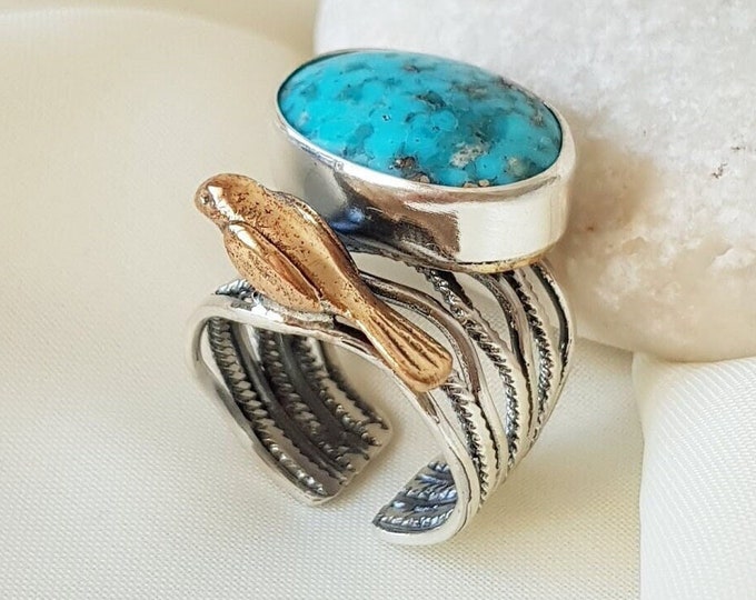 Turquoise Ring With Bird 925 Sterling Silver