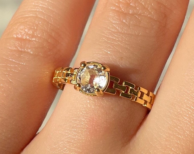 22k Gold Promise Ring Crystal Engagement Ring, Solitaire Chain Ring Eternity Band Silver Minimalist Ring, Valentines Day Gift for Her