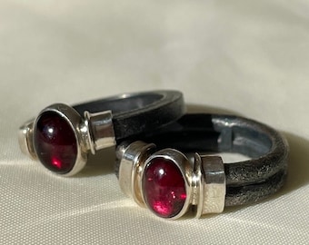 Red Garnet Rustic Band Ring 925 Sterling Silver