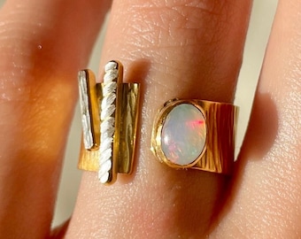 Opal Open Band Ring 22k Gold 925 Sterling Silver