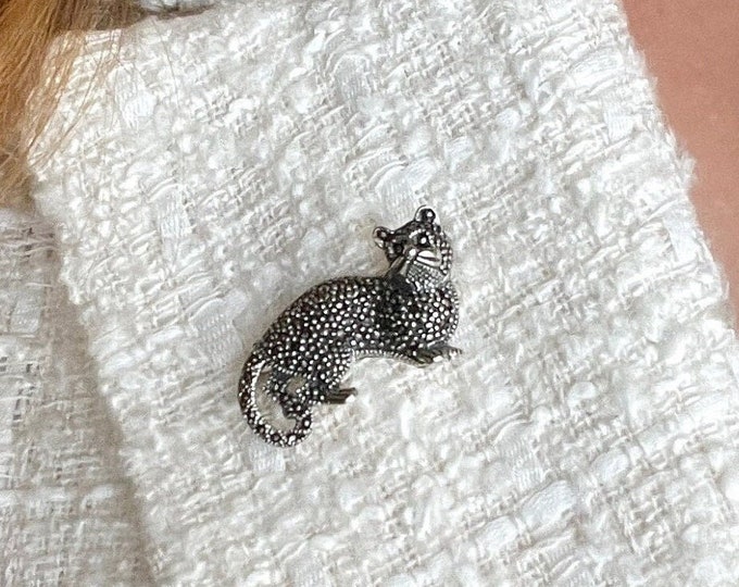 Vintage Cat Pin Brooch Sterling Silver, Gift for Cat Lover, Cat Jewelry, Cute Animal Brooch, Gift for Her, Crystal Cat Brooch