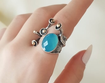 Aqua Chalcedony Band Ring 925 Sterling Silver