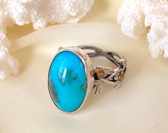 Natural Turquoise Vine Ring Sterling Silver, Woodland Wedding Ring for Women, Valentine Gift for Her, Nature Inspired Jewelry