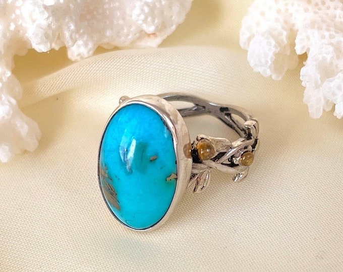Natural Turquoise Vine Ring Sterling Silver, Woodland Wedding Ring for Women, Mothers Day Gift for Her, Nature Inspired Jewelry