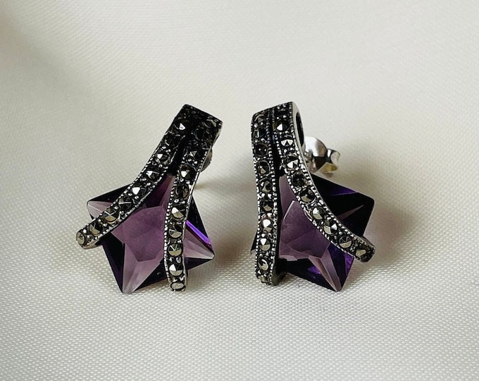 Purple Crystal Vintage Stud Earrings 925 Sterling Silver