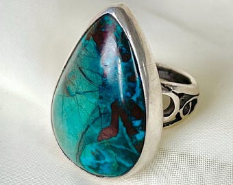 Shattuckite Ring Sterling Silver, Large Statement Ring, Blue Green Gemstone Ring, Teardrop Artisan Ring, Unique Collector Jewelry