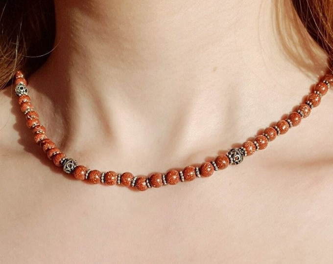Goldstone Beaded Necklace Sterling Silver, Mothers Day Gift, Boho Crystal Necklace, Healing Necklace for Women, Fall Jewelry, Gift for Her