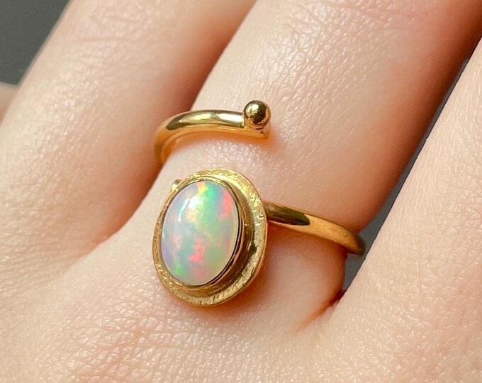 Opal Ring Gold Minimalist Thin Adjustable, 22k Gold Vermeil Opal Ring, Dainty Opal Celestial Ring, Mothers Day Gift For Her