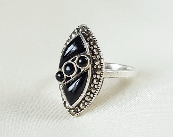 Vintage Black Onyx Ring, Marcasite Ring, Sterling Silver Ring, Art Deco Ring, Antique Ring, Victorian Ring, Gift for Her