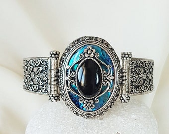 Blue Abalone Shell Cuff 925 Sterling Silver