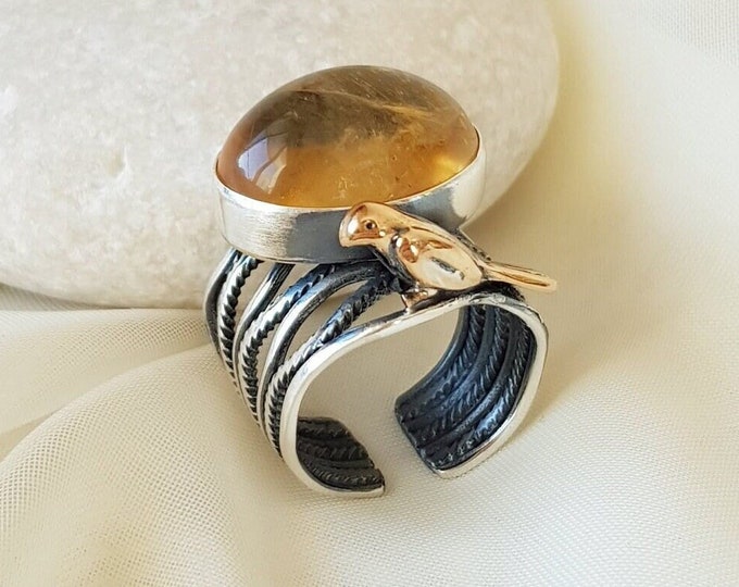 Citrine Ring With Bird 925 Sterling Silver
