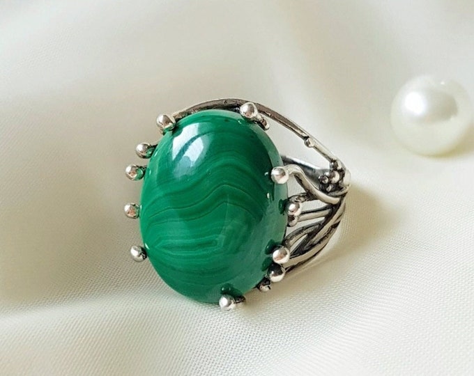 Malachite Ring 925 Sterling Silver, Handmade Malachite Wire Ring, Natural Green Gemstone,  Boho Ring, Green Malachite Ring, Gift for Her