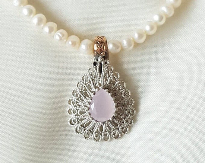 Rose Quartz Filigree Pendant 925 Sterling Silver