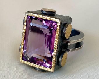 Amethyst Statement Ring 925 Sterling Silver with 24K Gold Accents