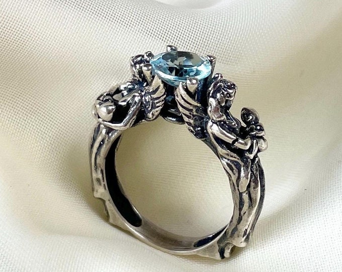 Unique Blue Topaz Angel Ring 925 Sterling Silver
