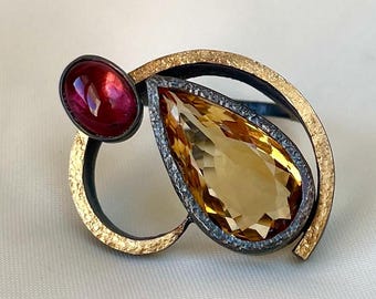 Citrine and Tourmaline Ring 925 Sterling Silver with 24K Gold Accents