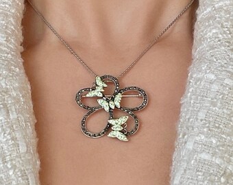 Green Butterflies On Flower Pendant Brooch 925 Sterling Silver
