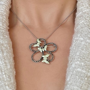 Green Butterflies on Flower Pendant Brooch 925 Sterling Silver, Large Flower Pendant Brooch, Nature Butterfly Necklace, Gift for Her