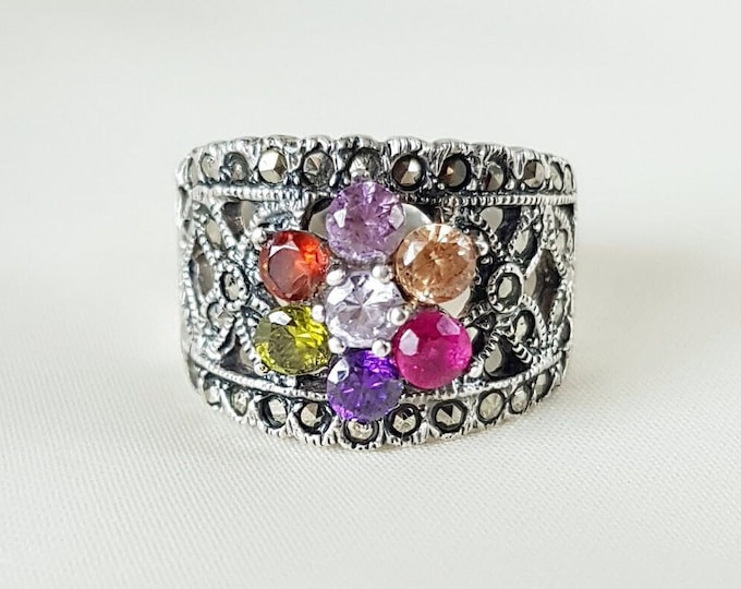 Crystal Flower Band Ring Sterling Silver, Multicolor Rhinestone Dainty Ring, Silver Floral Daisy Ring, Boho Ring for Women, Gift for Her