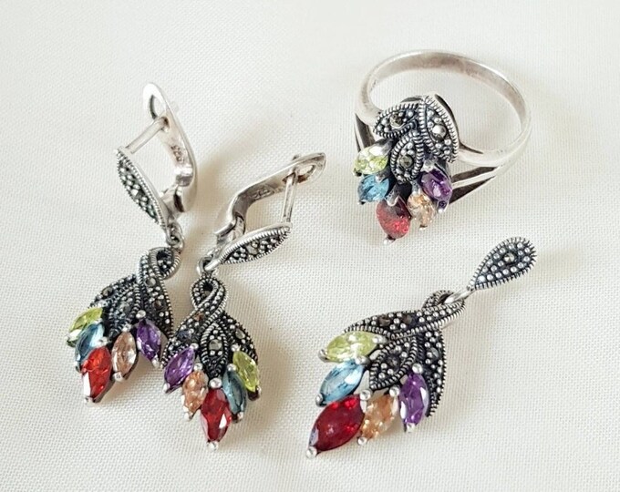Multicolor Crystal Jewelry Set 925 Sterling Silver, Vintage Zircon Necklace Set, Anniversary Gift, Gift for Mom, Valentines Gift for Her