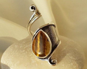 Tigers Eye Ring 925 Sterling Silver, Adjustable Ring, Chatoyant Golden-Brown, Protection Ring, Handmade Boho Ring, Unique Gift for Her