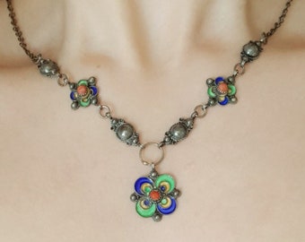  S925 Silver Necklace for Women, Vintage Enamel Color