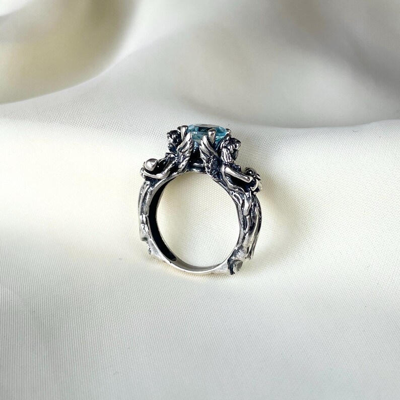Anillo de ángel de topacio azul en plata de ley 925, anillo hecho a mano, regalo para ella, regalo sentimental para el Día de la Madre, anillo de ángel madre e hijo. imagen 7