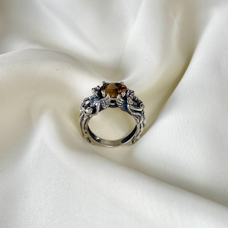 Smoky Quartz Angel Ring 925 Sterling Silver, Mother Baby Ring, Handmade Artisan Ring, Sentimental Mom Gift, Motherhood Jewelry, Gift for Her image 3