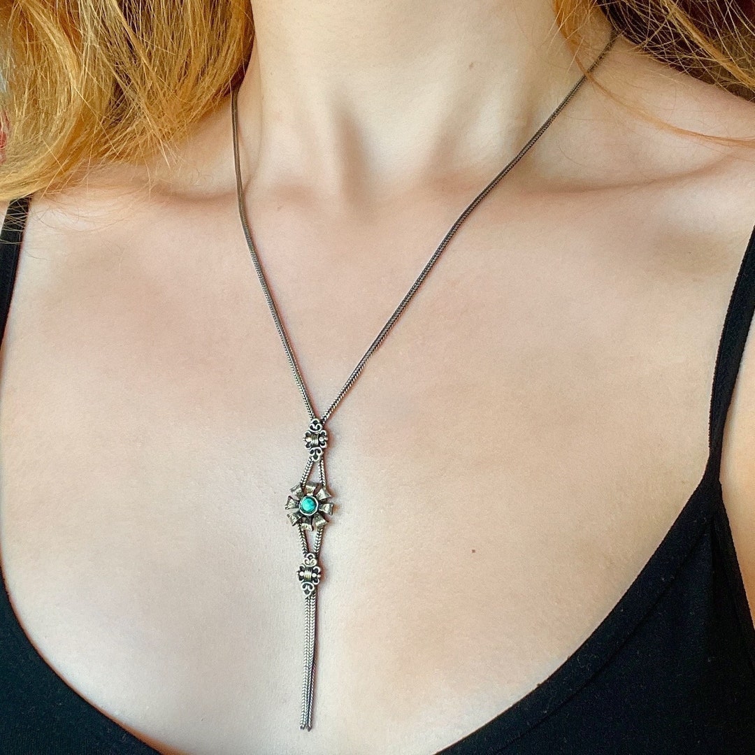 Long Turquoise Necklace 925 Sterling Silver, Native Turquoise Necklace