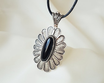 Onyx Flower Filigree Pendant 925 Sterling Silver