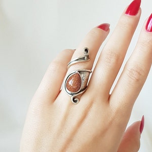 Handmade 925 Sterling Silver wrap ring with shining Brown Goldstone. Red Sandstone Ring. Adjustable Boho gemstone ring for women. Unique ring as a birthday gift, anniversary gift, christmas gift for her! Personalized engraved statement ring.