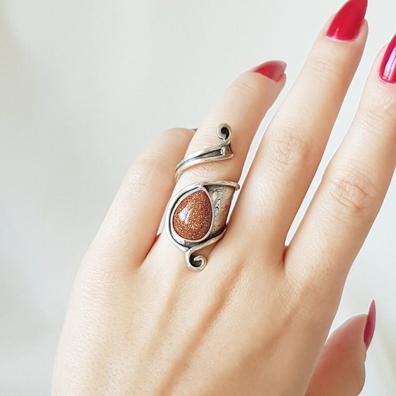 Handmade 925 Sterling Silver wrap ring with shining Brown Goldstone. Red Sandstone Ring. Adjustable Boho gemstone ring for women. Unique ring as a birthday gift, anniversary gift, christmas gift for her! Personalized engraved statement ring.