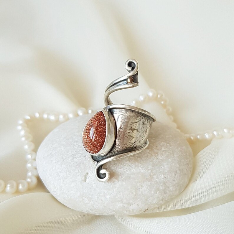 Handmade 925 Sterling Silver wrap ring with shining Brown Goldstone. Red Sandstone Ring. Adjustable Boho gemstone ring for women. Unique ring as a birthday gift, anniversary gift, christmas gift for her! Personalized engraved statement ring.
