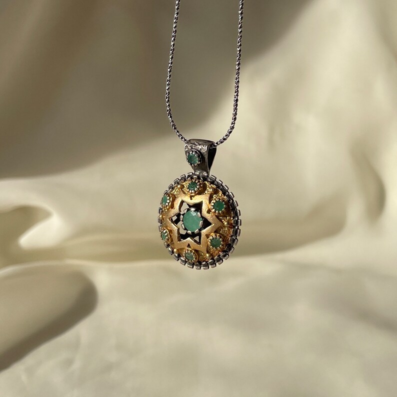 Vintage Emerald Necklace Set 14K Gold Plated Sterling Silver, May Birthstone, Emerald Ring Round Star Earrings, Gift for Her, Gift for Mom image 5