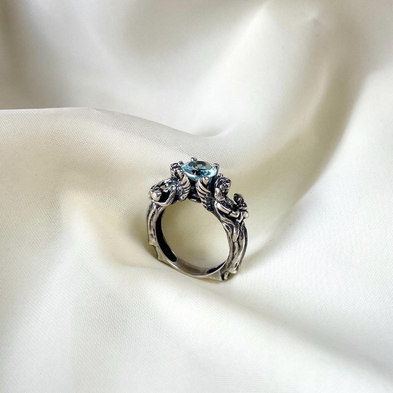 Vintage blue topaz ring 925 sterling silver angel ring handmade ring for women gothic ring gift for mom promise ring