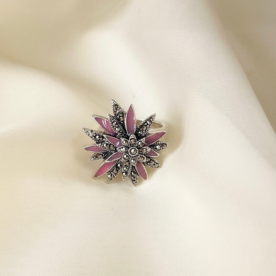 Vintage Pink Flower Statement Ring Sterling Silve… - image 4