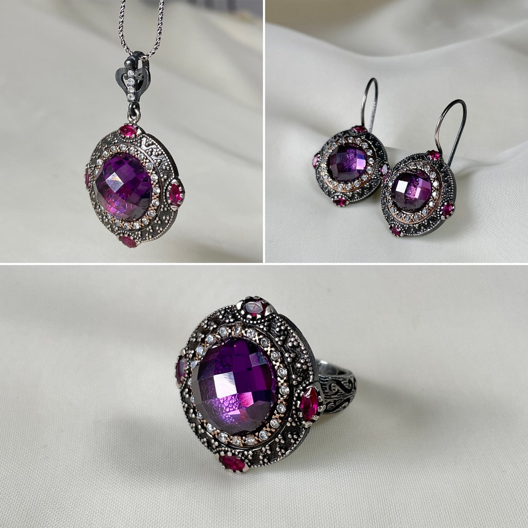 Vintage Amethyst Jewelry Set 925 Sterling Silver, Elegant Amethyst Ring