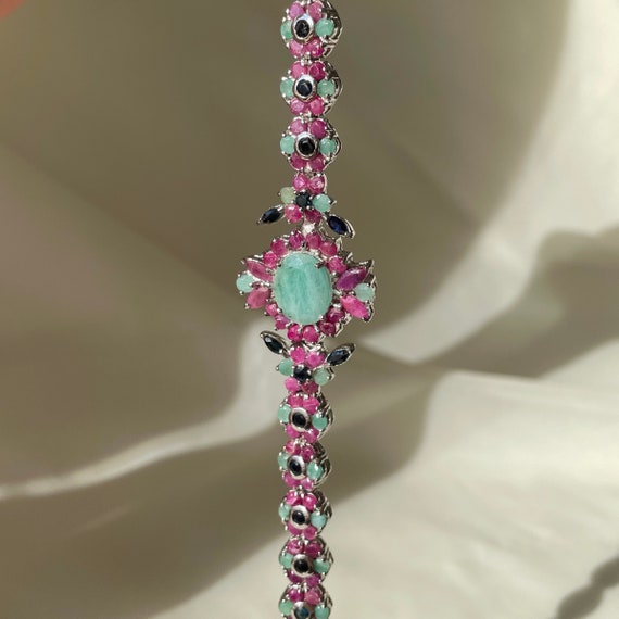 Vintage Emerald Ruby Bracelet 925 Sterling Silver… - image 3