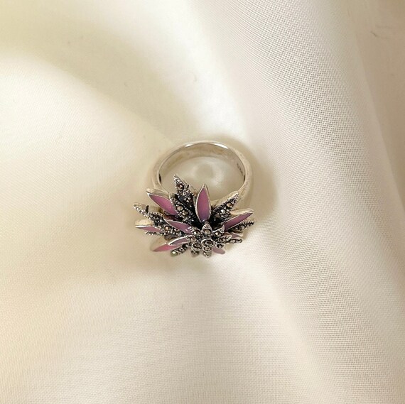 Vintage Pink Flower Statement Ring Sterling Silve… - image 5