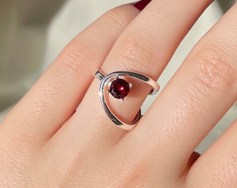 Dainty Garnet Ring Sterling Silver Unique Ring, Bridal Ring, Minimalist Red Garnet January Birthstone Ring, Valentines Gift for Her