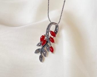 Carnelian Leaf Branch Pendant 925 Sterling Silver