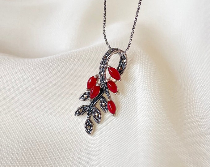 Carnelian Leaf Branch Pendant 925 Sterling Silver